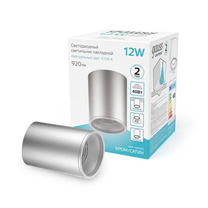 LED luminaire Overhead 12W 4100K IP20 920lm 170-240V DPO cylinder surface mounted chrome satin GAUSS HD004
