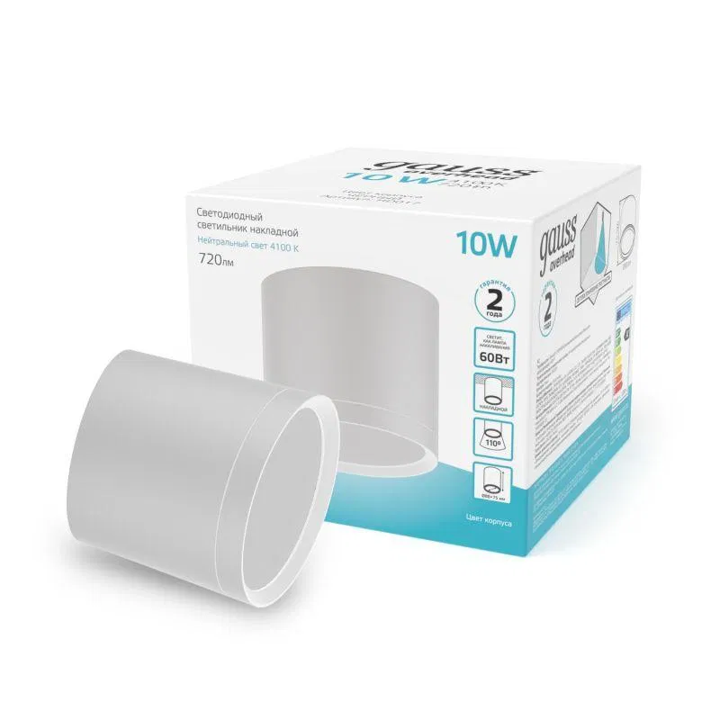 LED luminaire Overhead 10W 4100K IP20 720lm 170-240V DPO cylinder surface-mounted with diffuser white GAUSS HD024