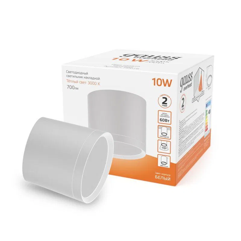 LED luminaire Overhead 10W 3000K IP20 700lm 170-240V DPO cylinder surface-mounted with diffuser white GAUSS HD025