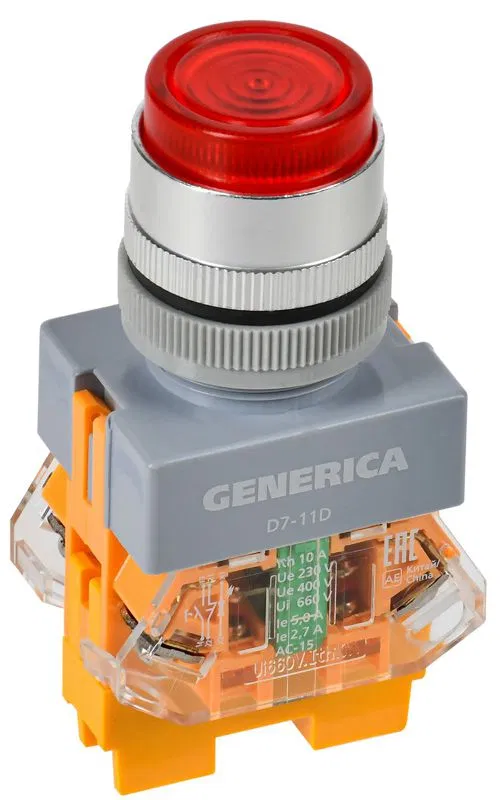 Кнопка D7-11D d22мм 1НО+1НЗ с подсветкой красн. GENERICA BBT50-11D-3-12-K04-G