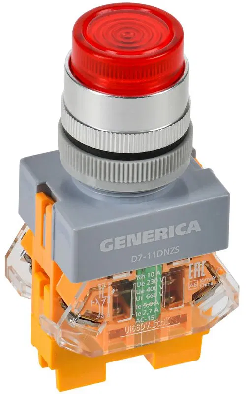 Кнопка D7-11DNZS d22мм 1НО+1НЗ с подсветкой и фиксацией красн. GENERICA BBT50-11DNZS-3-11-K04-G