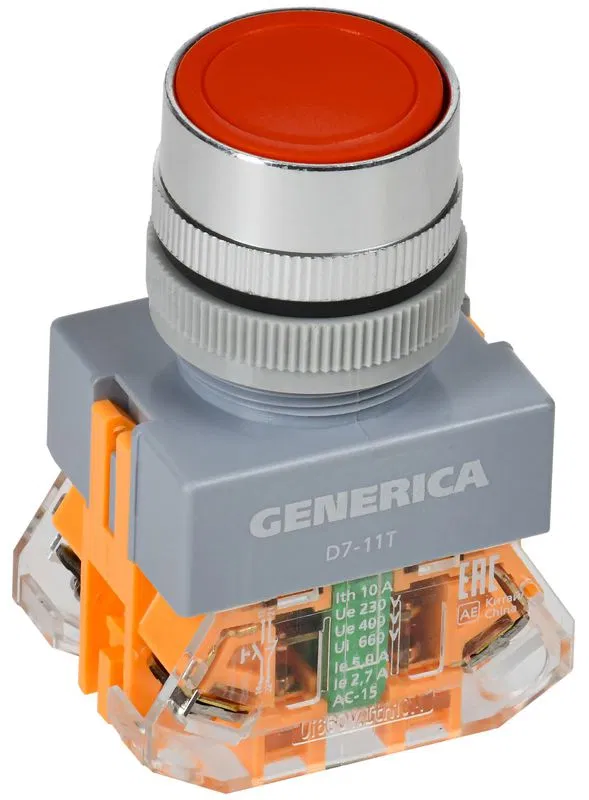 Кнопка D7-11T d22мм 1НО+1НЗ с фиксацией красн. GENERICA BBT50-11T-3-21-K04-G