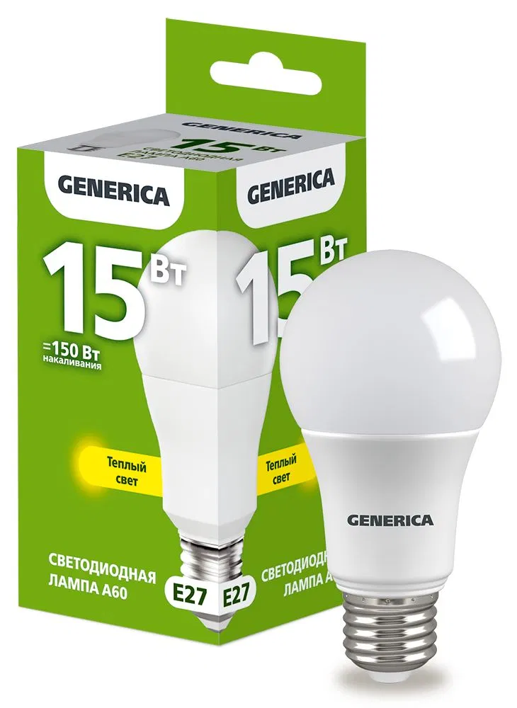 Лампа светодиодная A60 груша 15Вт 230В 3000К E27 GENERICA LL-A60-15-230-30-E27-G