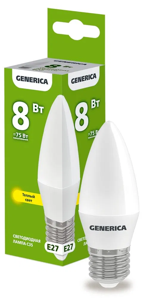 Лампа светодиодная C35 свеча 8Вт 230В 3000К E27 GENERICA LL-C35-08-230-30-E27-G