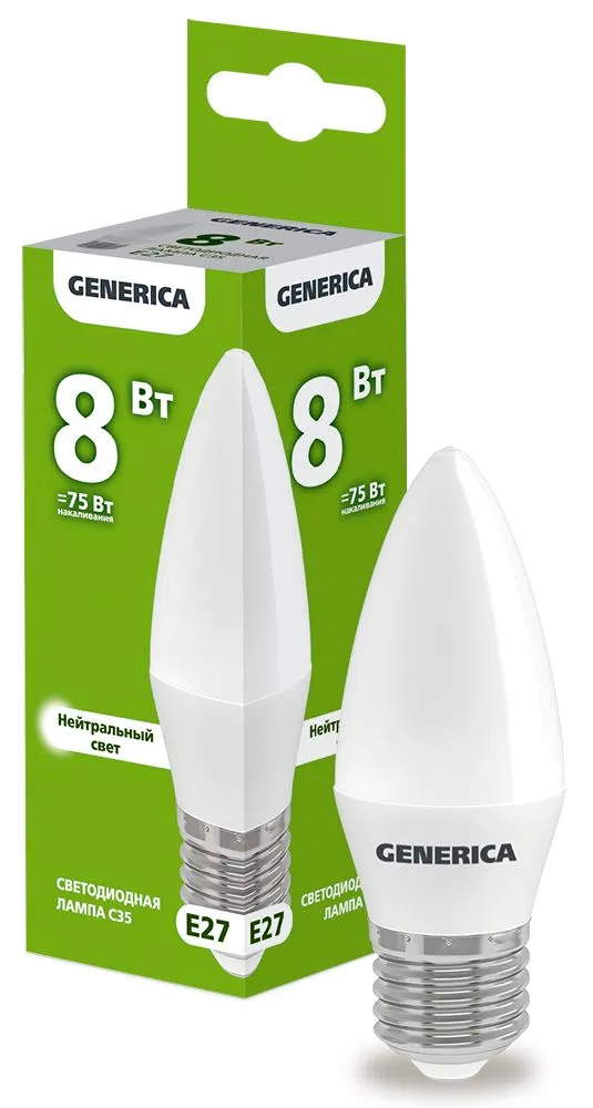 Лампа светодиодная C35 свеча 8Вт 230В 4000К E27 GENERICA LL-C35-08-230-40-E27-G