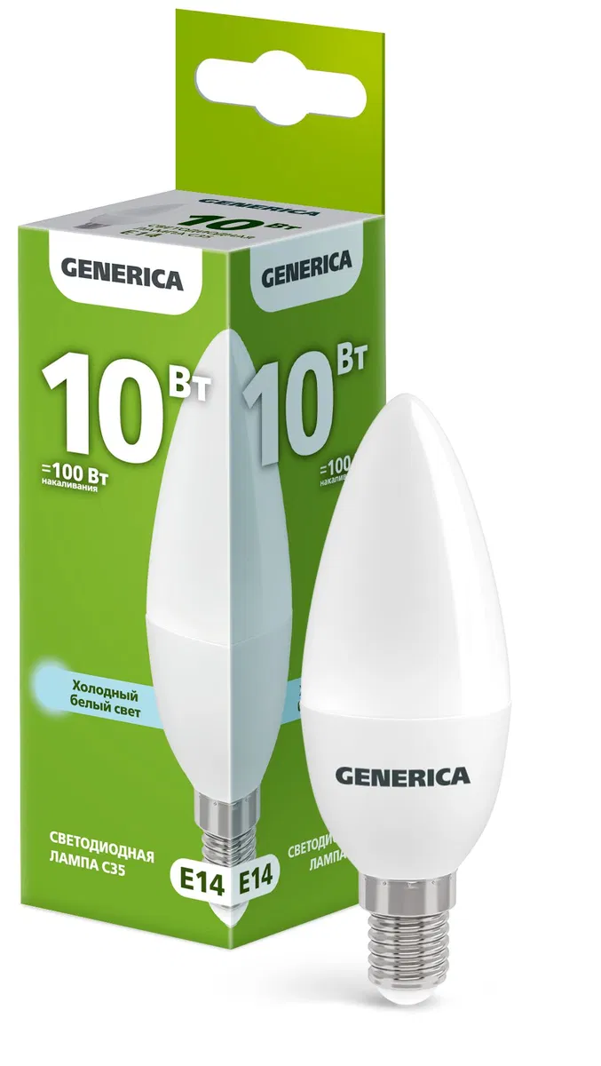 Лампа светодиодная C35 свеча 10Вт 230В 6500К E14 GENERICA LL-C35-10-230-65-E14-G