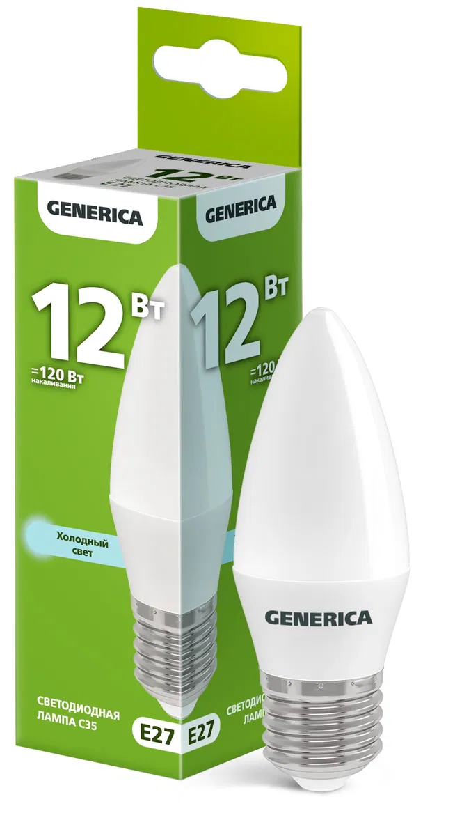 Лампа светодиодная C35 свеча 12Вт 230В 6500К E27 GENERICA LL-C35-12-230-65-E27-G