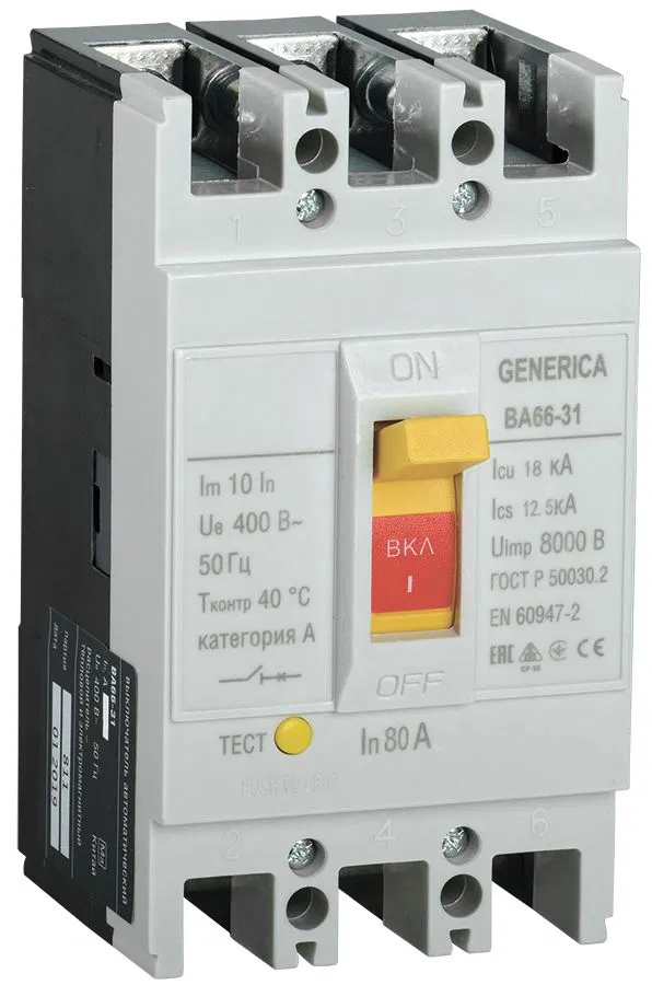 Выключатель автоматический ВА66-31 3Р 80А 18кА GENERICA SAV10-3-0080-G