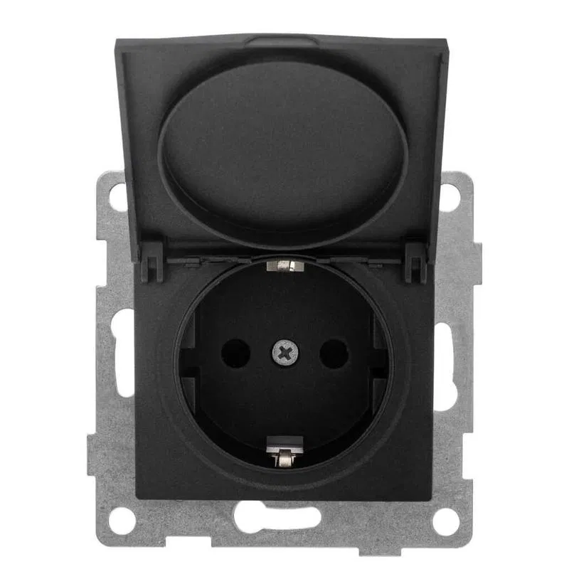 1-gang socket Bravo 16A 250V with grounded protective shutters and cover, graphite mechanism GUSI С10Р91-010