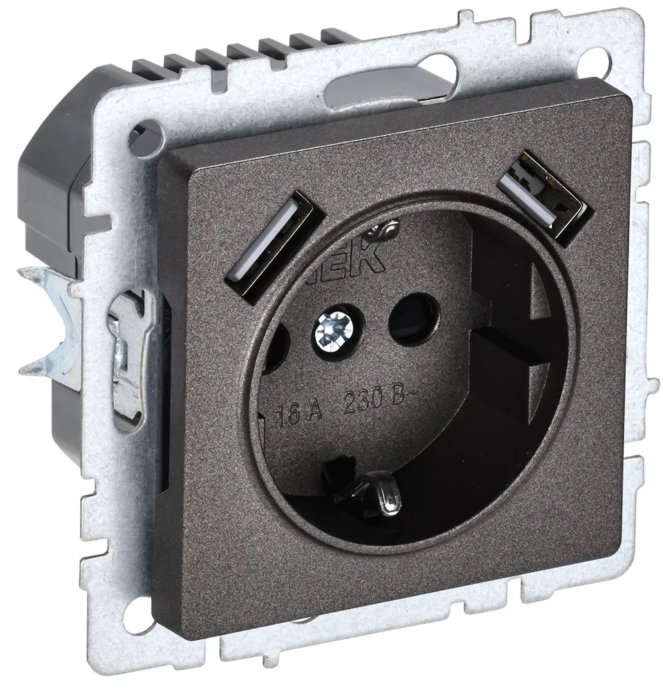 BRITE Розетка 1-местная с заземлением с защитными шторками 16А с USB A+A 5В 2,1А РЮш10-1-БрТБ темная бронза IEK BR-R14-16-U21-D21-K45