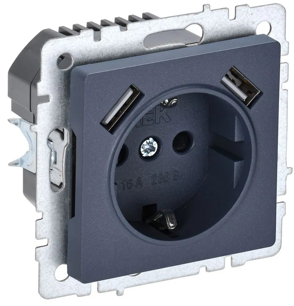 BRITE Socket 1-gang with earth with protective shutters 16A with USB A+A 5V 3.1A RYush10-2-BrM marengo IEK BR-R14-16-U21-D31-K35