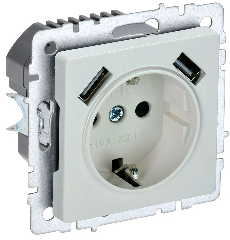 BRITE socket 1-gang with grounding with protective shutters 16A with USB A+A 5V 3.1A RYush10-2-BrZh pearl IEK BR-R14-16-U21-D31-K36