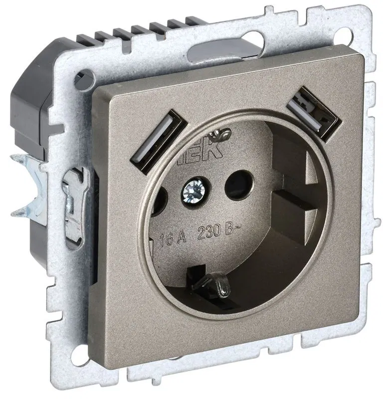 Розетка BRITE РЮш10-2-БрШ 16А с USB A+A 3.1А с заземл. защ. шторки механизм шампань IEK BR-R14-16-U21-D31-K37