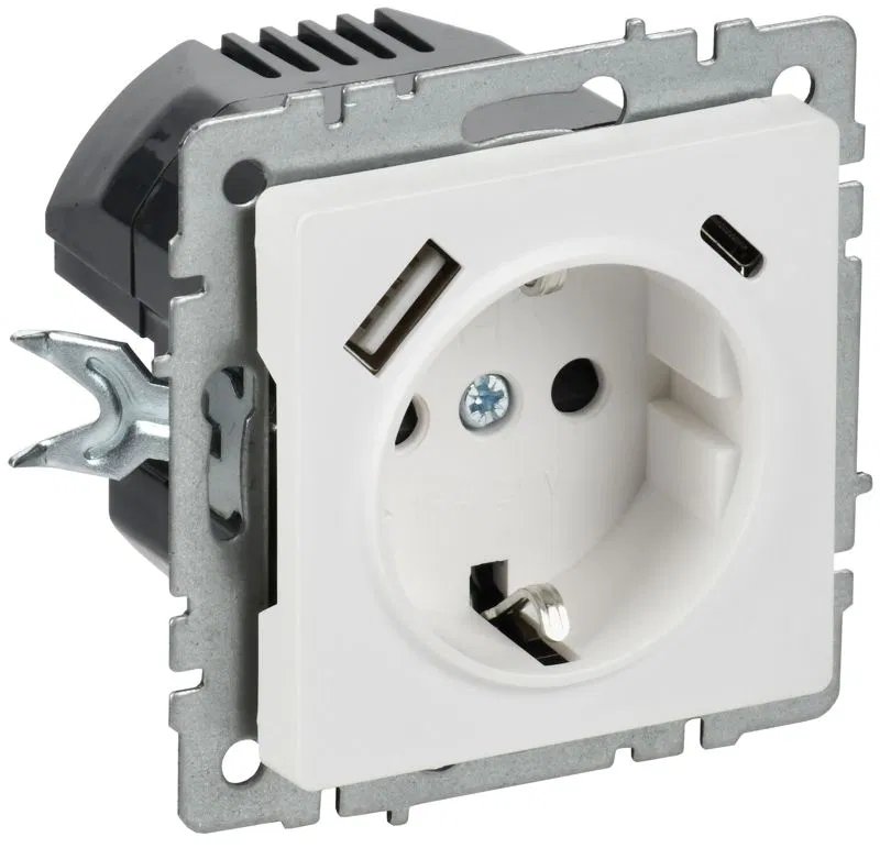 Розетка BRITE РЮш11-1-БрАБ 16А с USB A+C 18Вт с заземл. защ. шторки механизм арктич. бел. IEK BR-R14-16-U22-018-K91