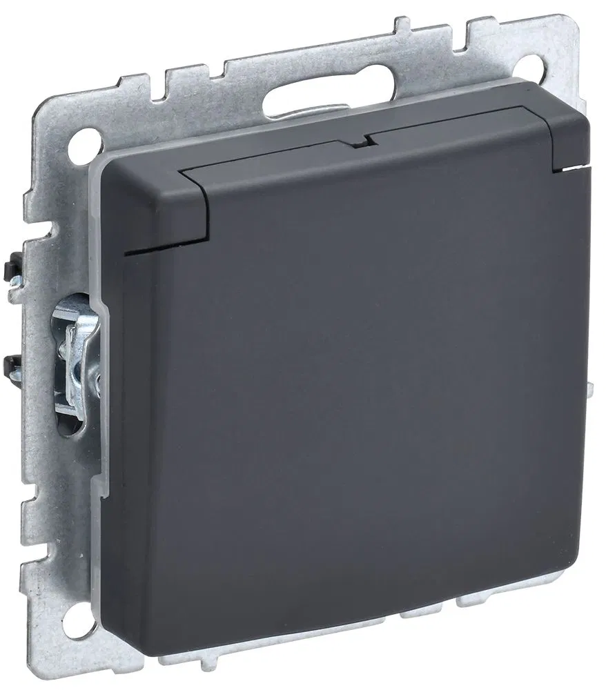 BRITE Розетка 1-местная с заземлением с защитными шторками и крышкой 16А IP44 РСбш10-3-44-БрГ графит IEK BR-R16-16-44-K53