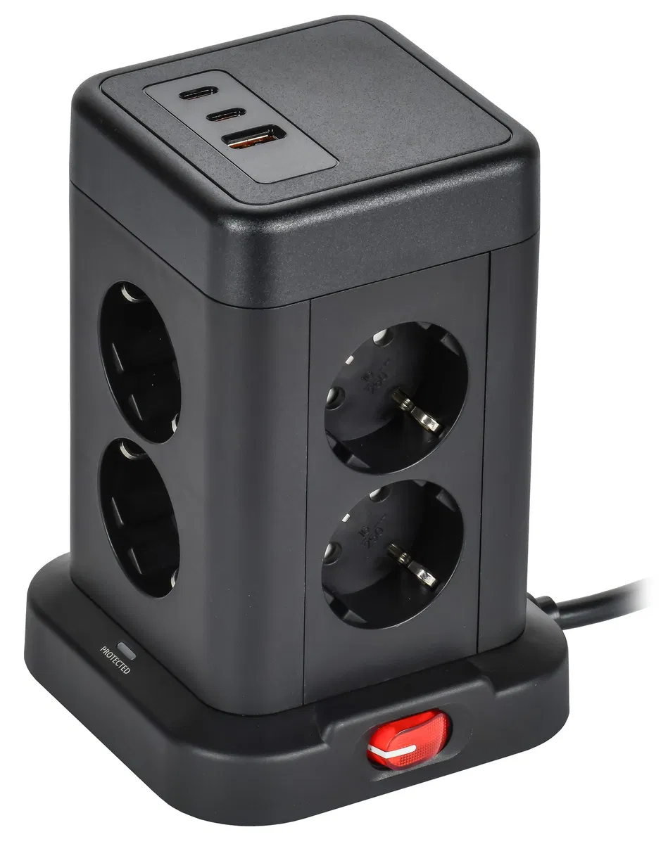 DOMINIC Удлинитель У08K 8 мест 2P+PE 1,5м 3х1,0мм2 16А/250В USB A+C 20Вт черный IEK DN-YP30-16-08-01-ZKU-K02
