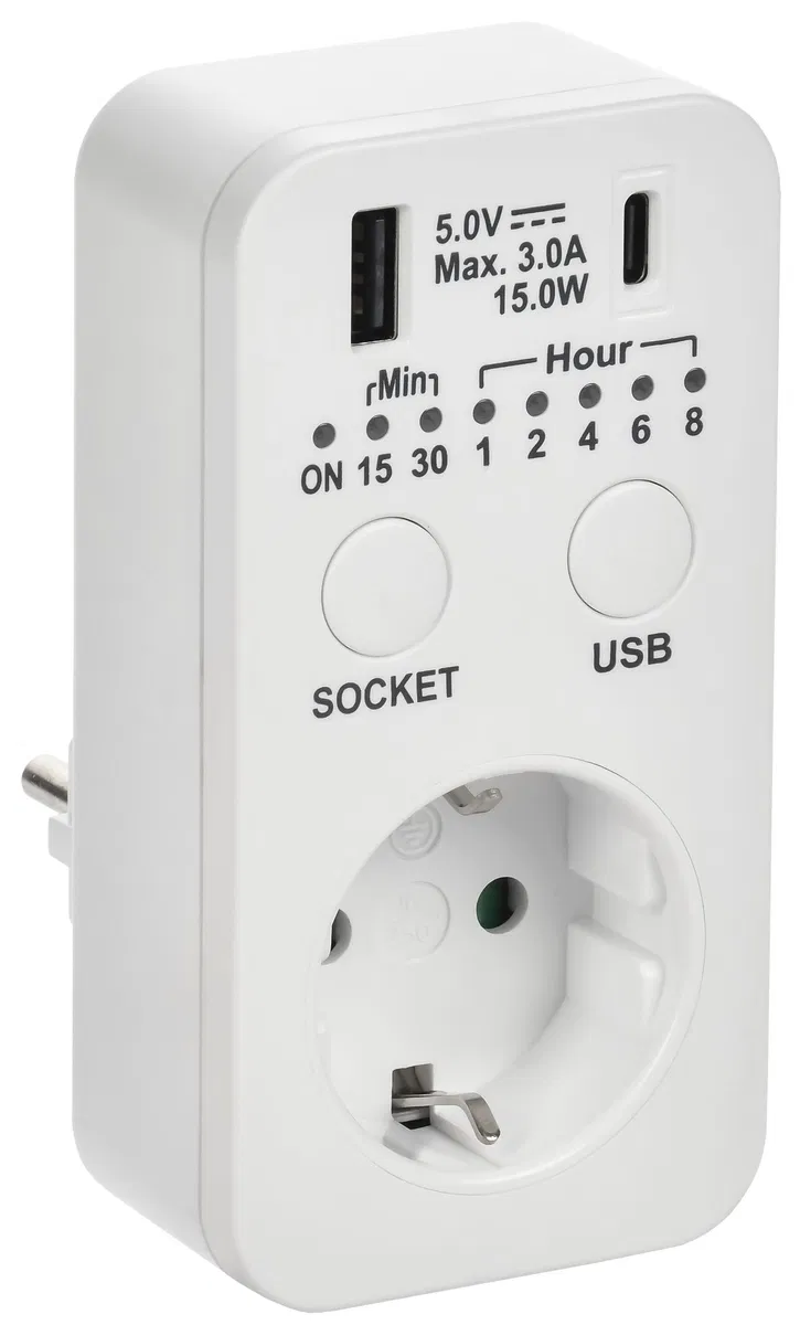 РТЭ-4 Розетка-таймер электронный с USB A+C 15мин-8ч 16А IP20 белый IEK ERT12-1-16-O-15-2-20-K01
