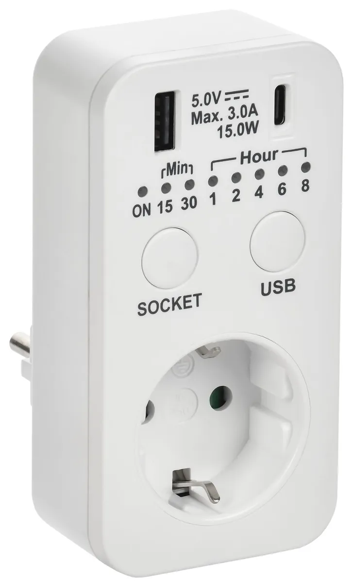 РТЭ-4 Розетка-таймер электронный с USB A+C 15мин-8ч 16А IP20 белый IEK