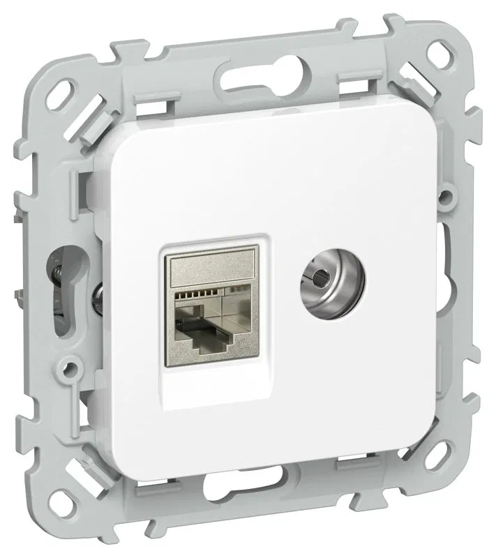 Розетка 2-м СП FLITE РКТВ5е-2-1-ФлБ RJ45/TV кат.5E STP механизм бел. IEK FI-AK21-1-K01