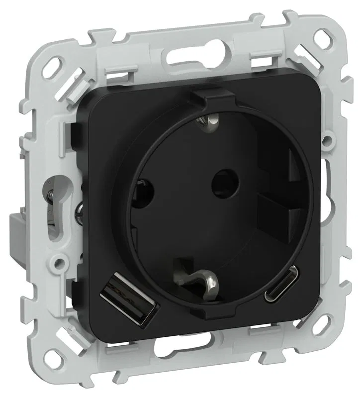 Розетка 1-м СП FLITE РСЮшс11-1-ФлЧ 16А с USB A+C 20Вт с заземл. с защ. шторками безвинтовое крепление механизм черн. IEK FI-R14-16-1-U22-020-K02