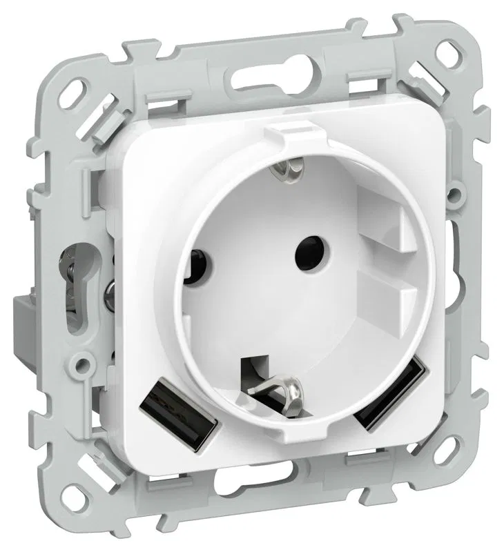 Розетка 1-м СП FLITE РСЮша11-0-ФлБ 16А с USB A+A 3.1А с заземл. с защ. шторками механизм бел. IEK FI-R14-16-U21-D31-K01