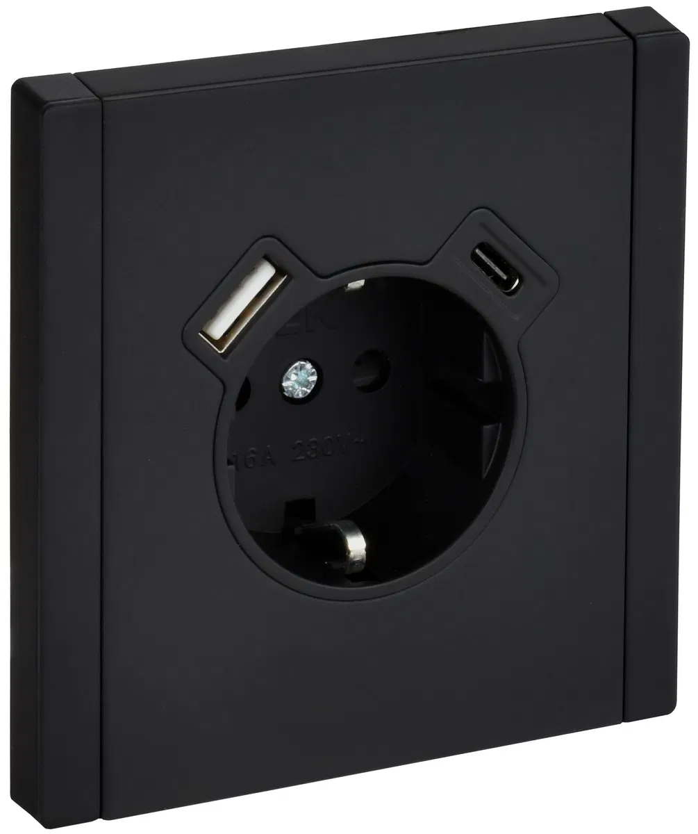 FORTE&PIANO 1-gang grounded socket with protective shutters screw mounting 16A USB A+C 18W FP147M metal black IEK FP-R14-16-U22-018-M-K02