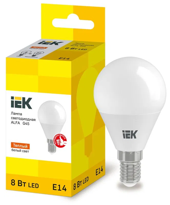 Лампа светодиодная Alfa 8Вт G45 шар 3000К E14 230В (6шт) IEK LLA-G45-8-230-30-E14-6