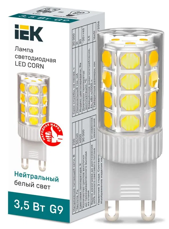 Лампа светодиодная Corn 3.5Вт капсульная 4000К нейтр. бел. G9 230В керамика IEK LLE-Corn-4-230-40-G9 LLE-CORN-4-230-40-G9