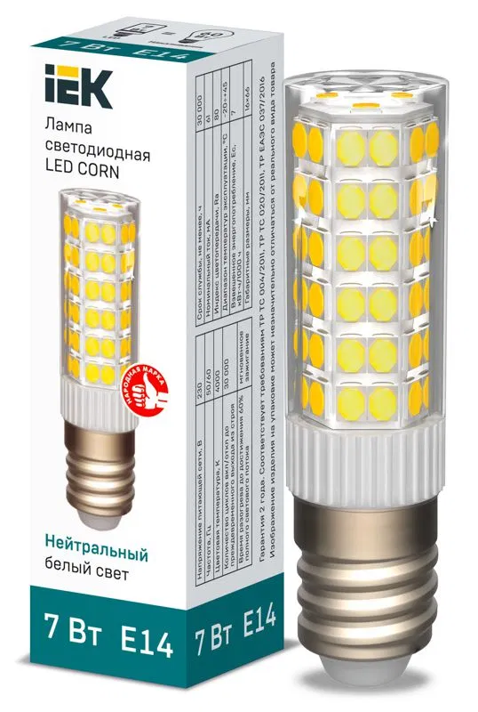 Лампа светодиодная Corn 7Вт капсульная 4000К нейтр. бел. E14 230В керамика IEK LLE-Corn-7-230-40-E14 LLE-CORN-7-230-40-E14