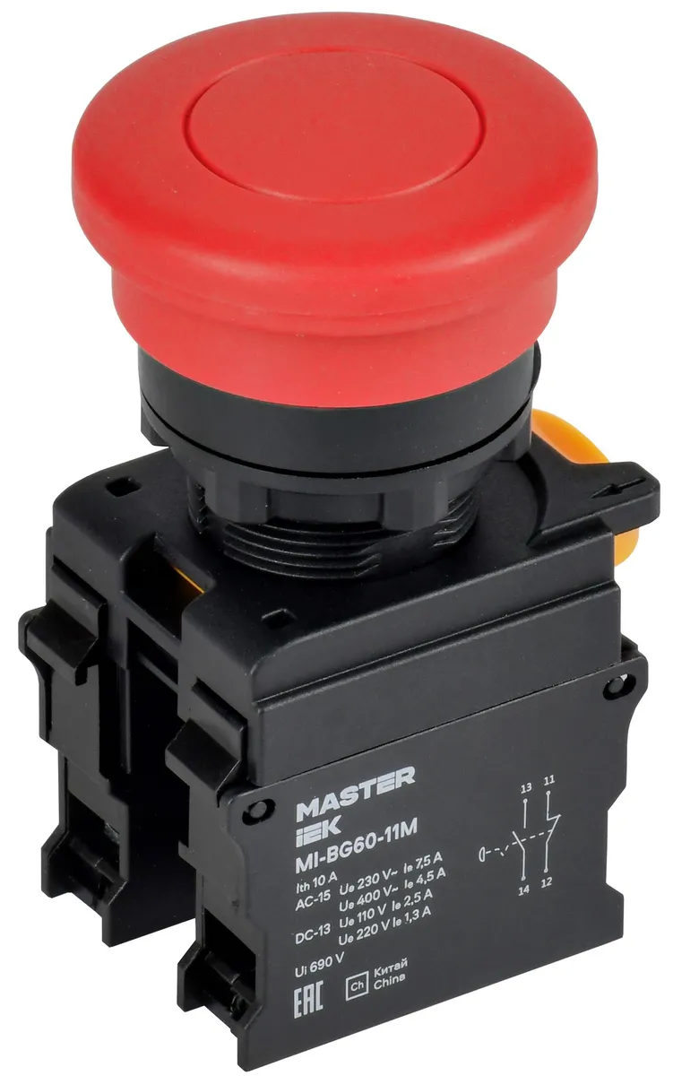 Кнопка "Грибок" без фиксации d=22мм 1NO+1NC красная MASTER MI-BG60-11M-3-21-K04 IEK