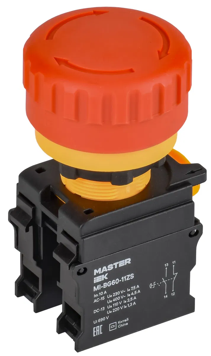 Кнопка "Грибок" поворотная с фиксацией 1NO+1NC красная MASTER IEK MI-BG60-11ZS-3-23-K04
