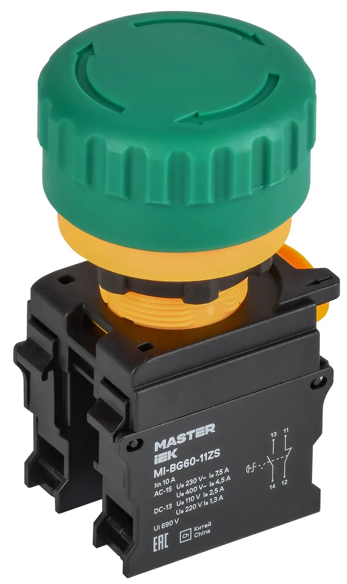 Кнопка "Грибок" поворотная с фиксацией 1NO+1NC зелёная MASTER IEK