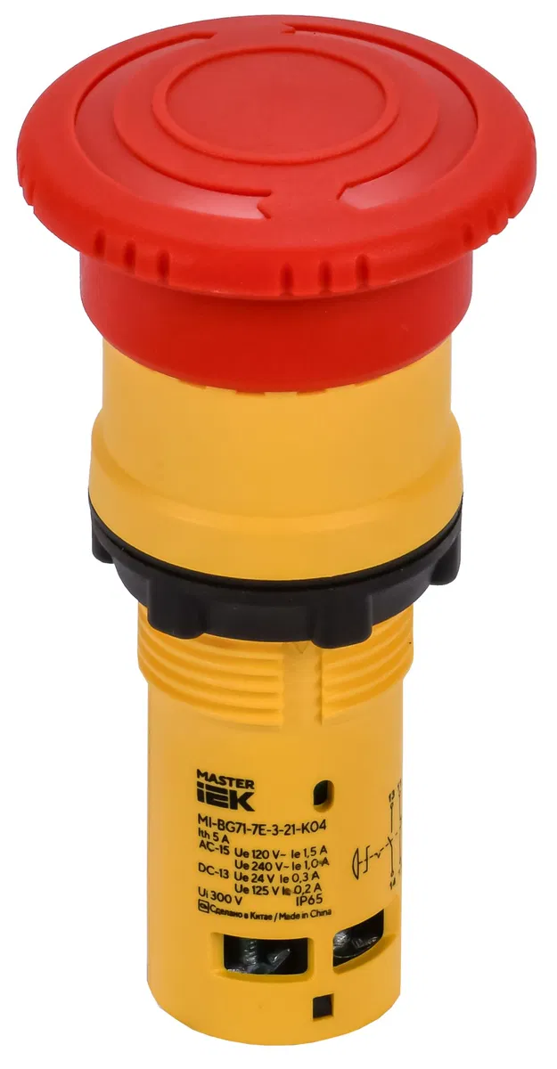 Кнопка "Грибок" IP65 с фиксацией моноблок 1NO+1NC красная MASTER IEK MI-BG71-7E-3-21-K04