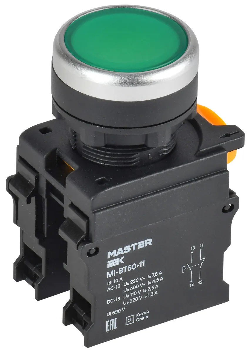 Кнопка d=22мм 1NO+1NC зелёная MASTER IEK MI-BT60-11-3-22-K06 IEK