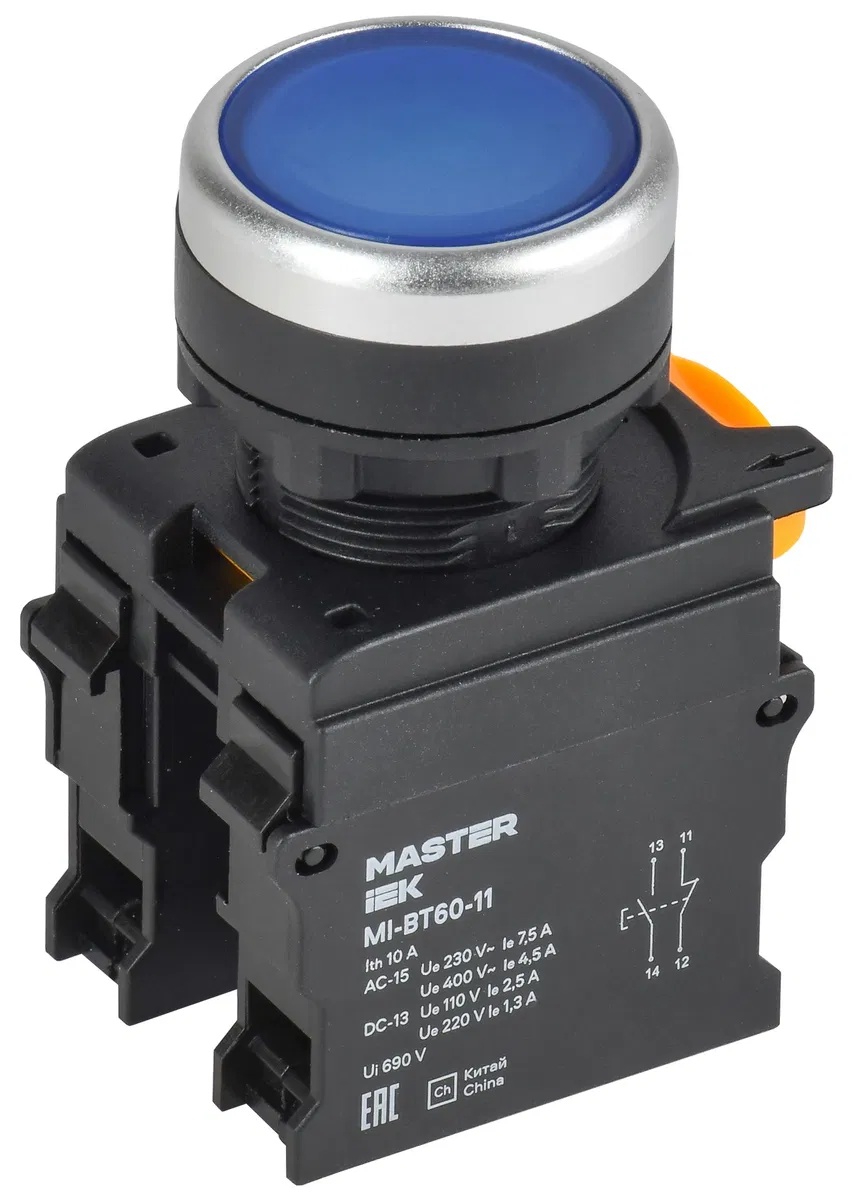 Кнопка d=22мм 1NO+1NC синяя MASTER IEK MI-BT60-11-3-22-K07