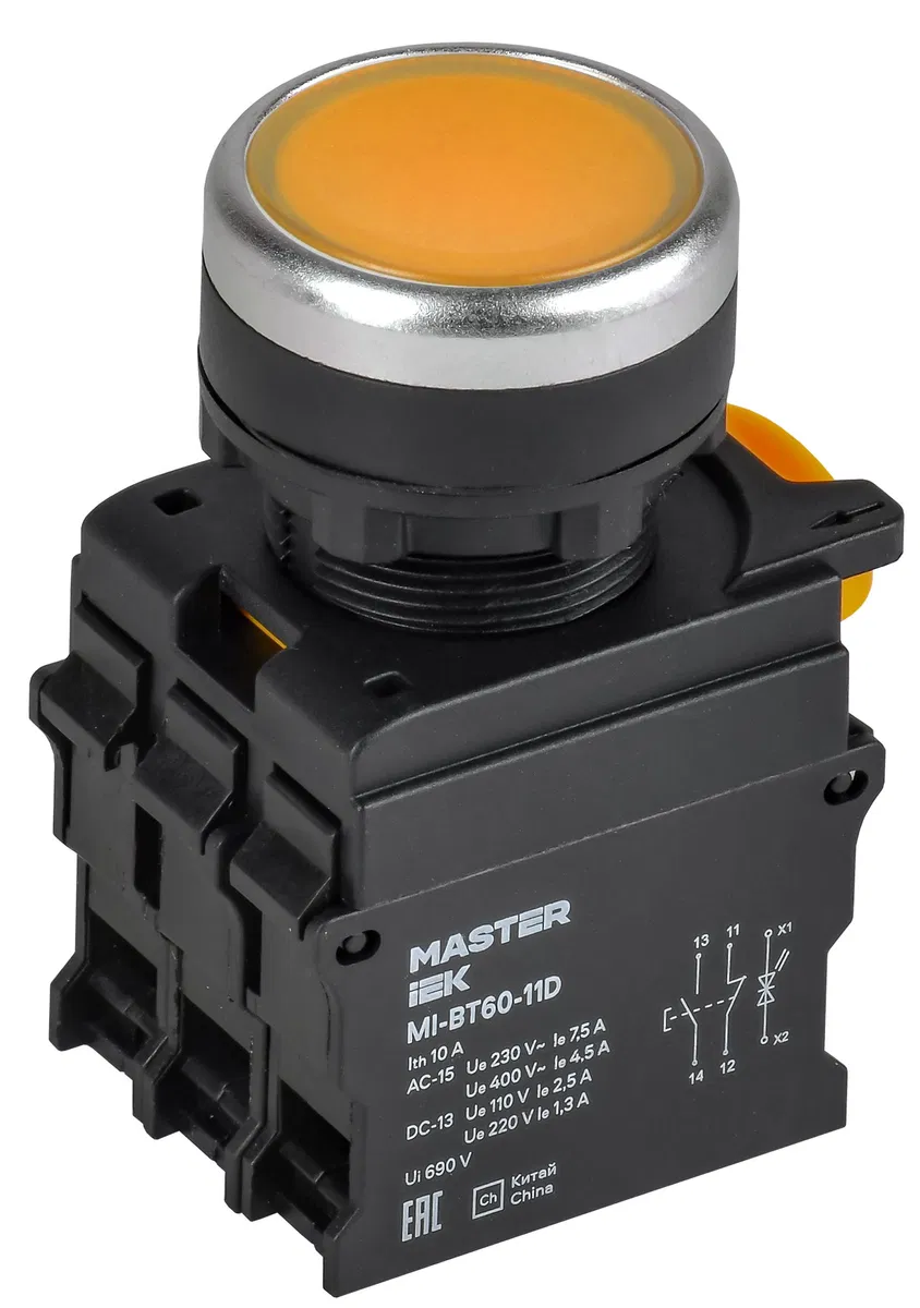 Кнопка с подсветкой d=22мм 1NO+1NC жёлтая MASTER IEK MI-BT60-11D-3-12-K05