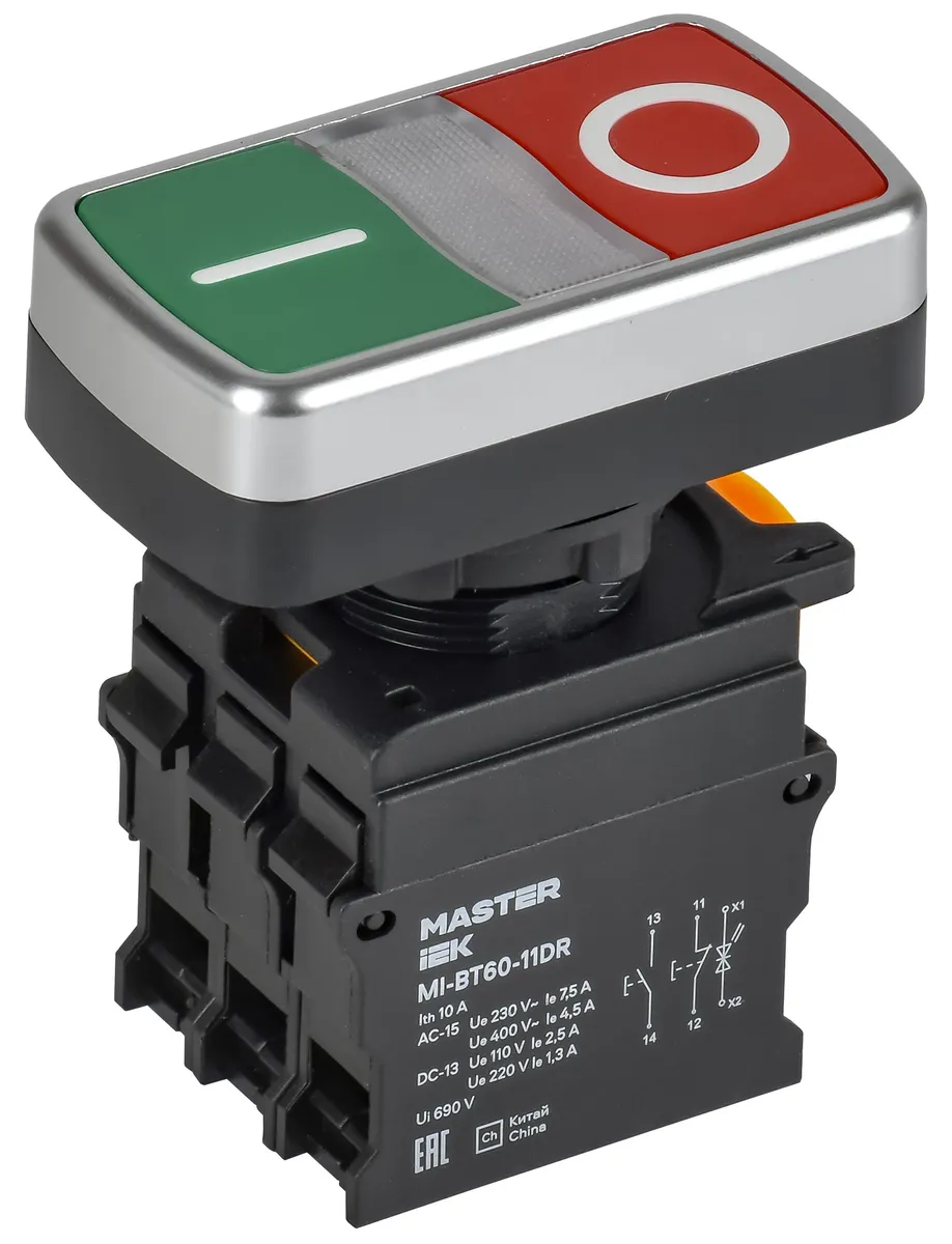 Кнопка "I-O" с подсветкой d=22мм 1NO+1NC MASTER MI-BT60-11DR-3-11-K51 IEK