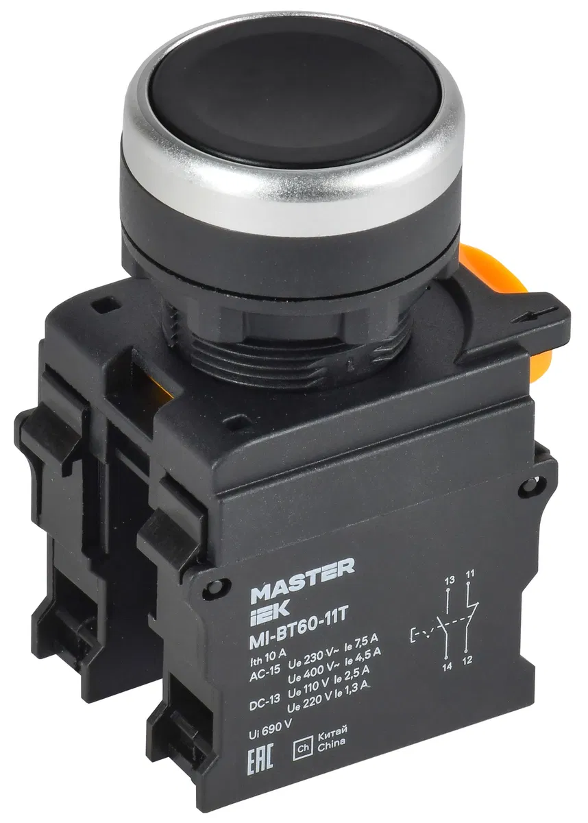 Кнопка с фиксацией d=22мм 1NO+1NC чёрная MASTER IEK MI-BT60-11T-3-21-K02