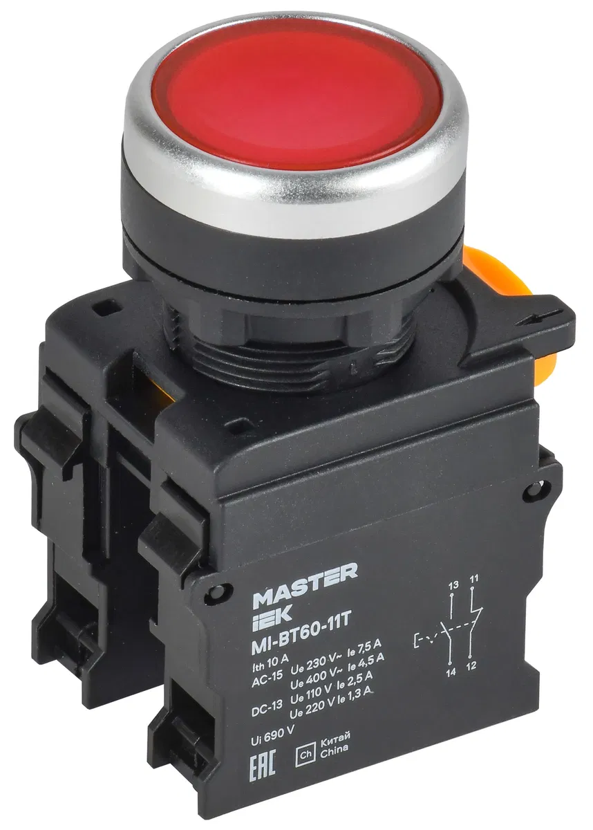 Кнопка с фиксацией d=22мм 1NO+1NC красная MASTER IEK MI-BT60-11T-3-21-K04