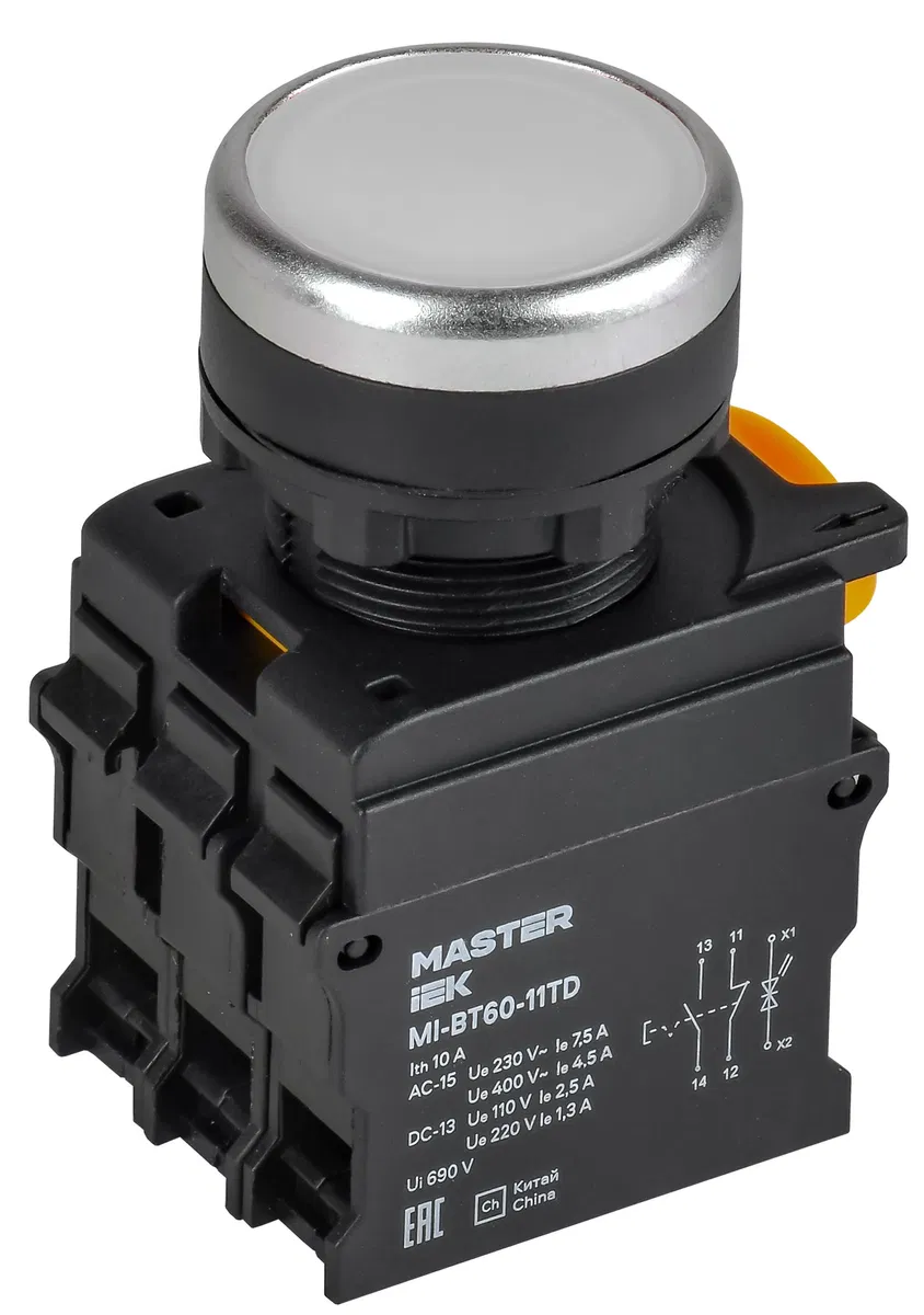 Кнопка с подсветкой и фиксацией d=22мм 1NO+1NC белая MASTER IEK MI-BT60-11TD-3-11-K01