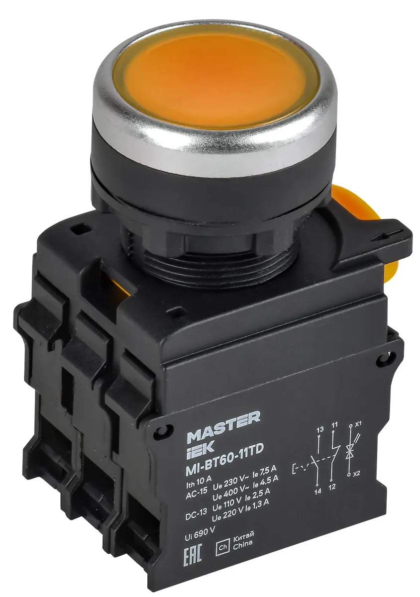 Кнопка с подсветкой и фиксацией d=22мм 1NO+1NC жёлтая MASTER MI-BT60-11TD-3-11-K05 IEK