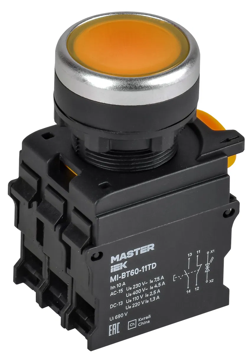 Кнопка с подсветкой и фиксацией d=22мм 1NO+1NC жёлтая MASTER IEK MI-BT60-11TD-3-11-K05