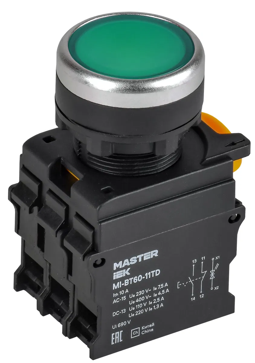 Кнопка с подсветкой и фиксацией d=22мм 1NO+1NC зелёная MASTER IEK MI-BT60-11TD-3-11-K06