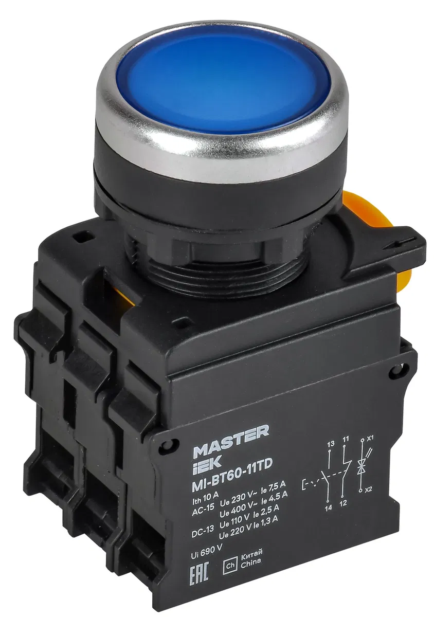 Кнопка с подсветкой и фиксацией d=22мм 1NO+1NC синяя MASTER IEK MI-BT60-11TD-3-11-K07