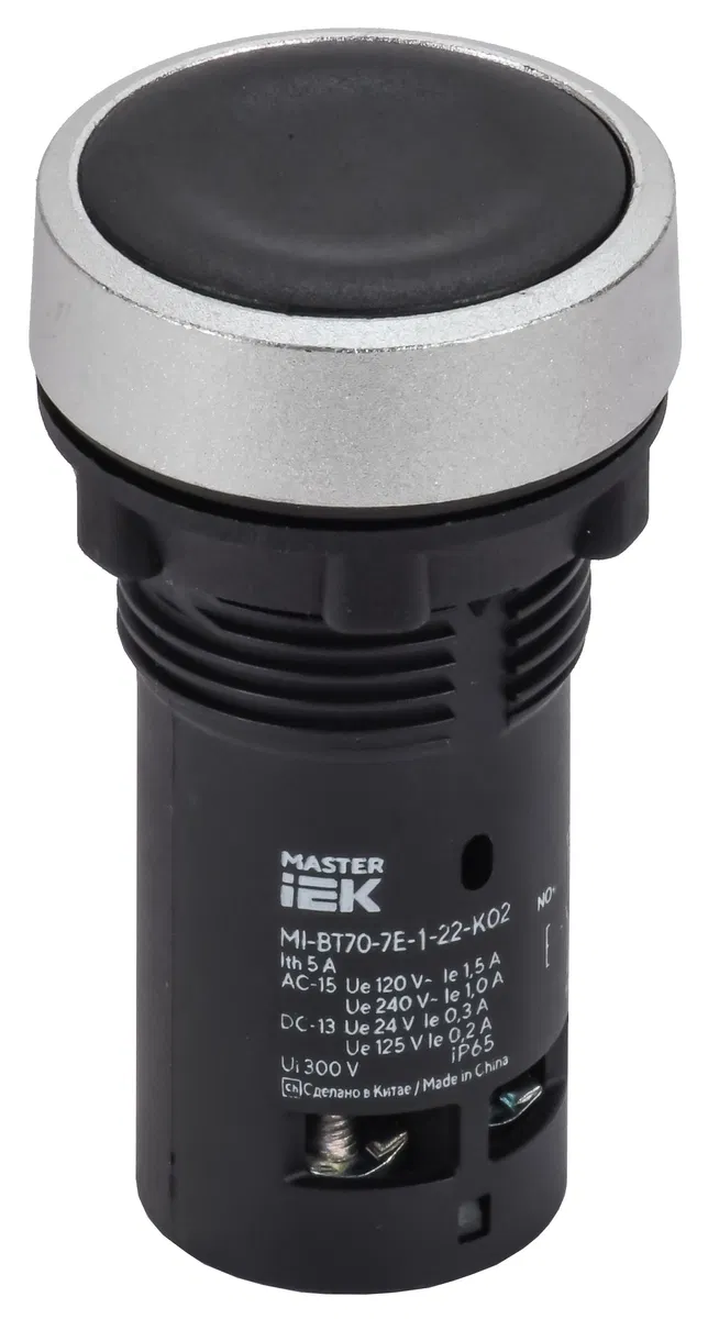 Кнопка IP65 моноблок возвратная 1NO чёрная MASTER IEK MI-BT70-7E-1-22-K02