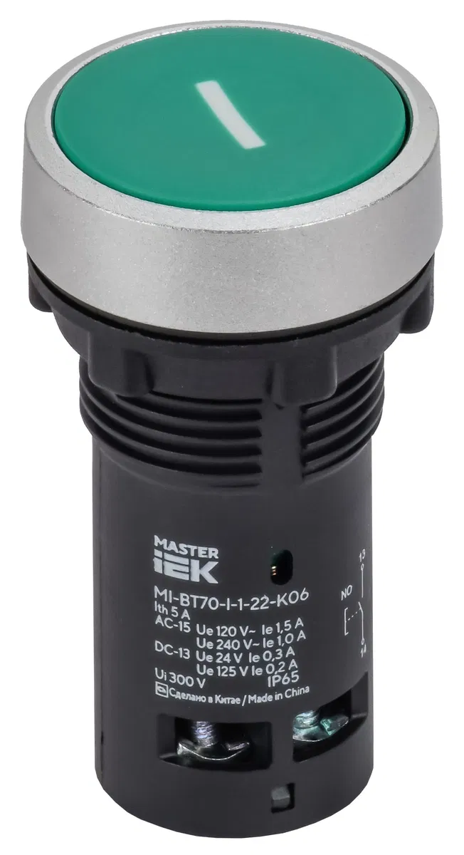 Кнопка IP65 с маркировкой "I" моноблок 1NO зеленая MASTER IEK MI-BT70-I-1-22-K06