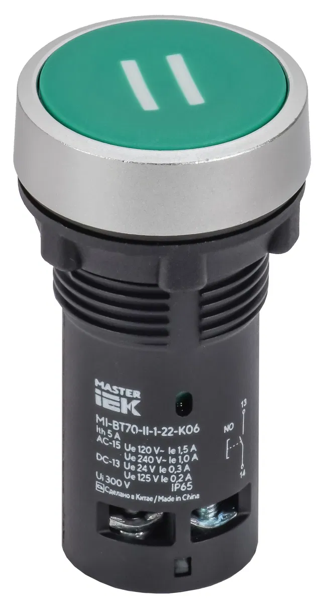 Кнопка IP65 с маркировкой "II" моноблок 1NO зеленая MASTER IEK MI-BT70-II-1-22-K06