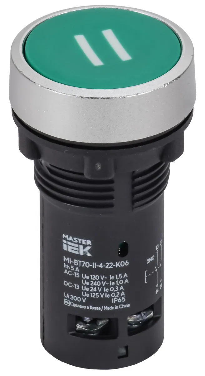 Кнопка IP65 с маркировкой "II" моноблок 2NO зеленая MASTER IEK MI-BT70-II-4-22-K06