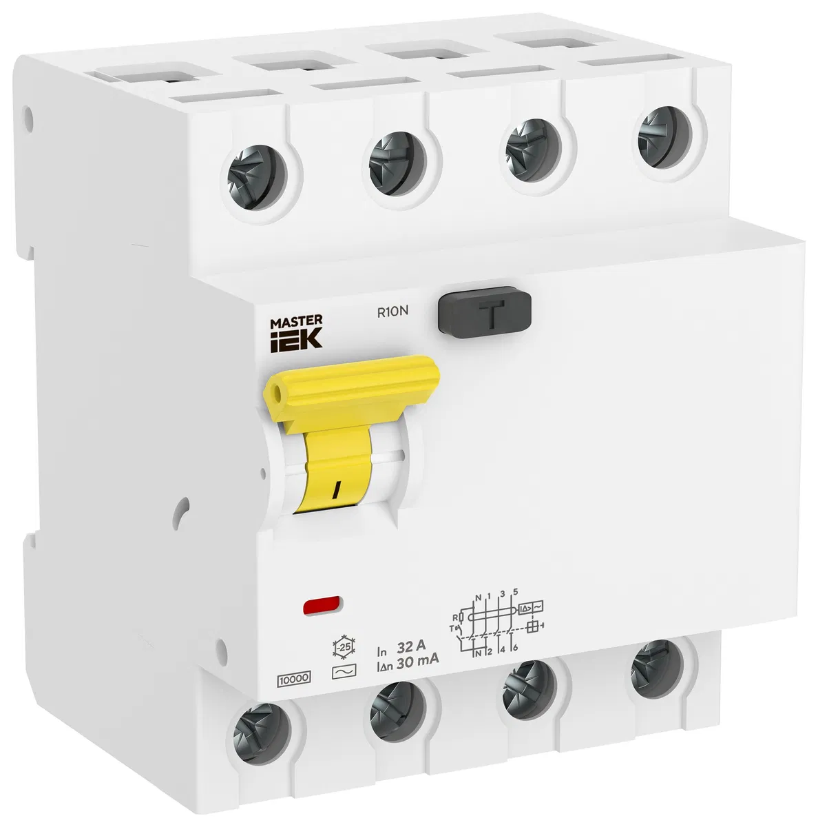 Выключатель дифференциального тока R10N 4P 32А 30мА тип AC MASTER IEK MI-R10N-4-032C030