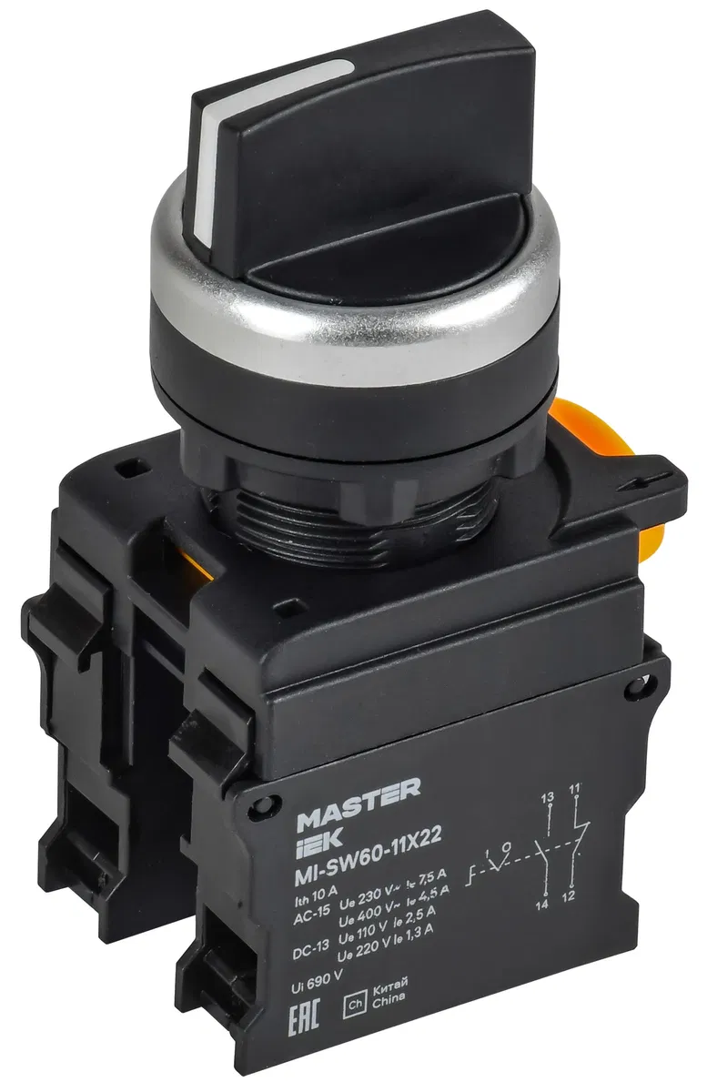 Переключатель на 2 положения возвратный 1NO+1NC чёрный MASTER IEK MI-SW60-11X22-3-24-2-K02